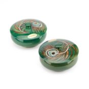 A PAIR OF MOORCROFT POTTERY POWDER BOWLS AND COVERS, DESIGNED BY SALLY TUFFIN FOR LIBERTY & CO