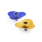 TWO DANISH STERLING SILVER AND ENAMEL CANDLESTICKS