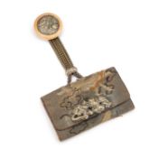 A JAPANESE TABAKO-IRE (TOBACCO POUCH) WITH KAGAMIBUTA NETSUKE