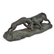 A LARGE JAPANESE BRONZE GROUP OF A TIGER ATTACKING A WATER BUFFALO