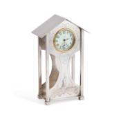 AN ARTS AND CRAFTS SILVER-PLATED MANTEL CLOCK