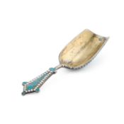A LATE 19TH CENTURY RUSSIAN SILVER AND ENAMEL SUGAR SPOON