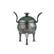 A RARE CHINESE SILVER AND ENAMEL TRIPOD CENSER