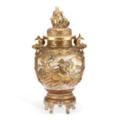 A VERY LARGE JAPANESE SATSUMA EARTHENWARE KORO, COVER AND STAND