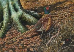 RICHARD WHITTLESTONE (BORN 1963) PHEASANT AND A MOUSE IN THE WOODS
