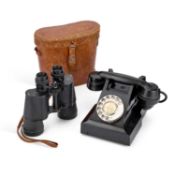A PAIR OF CASED OMEGA 10X50 BINOCULARS AND A VINTAGE BLACK BAKELITE AEP TELEPHONE