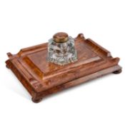 A LARGE VICTORIAN BURR WALNUT INKSTAND
