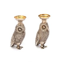 A PAIR OF VICTORIAN SILVER NOVELTY OWL VASES