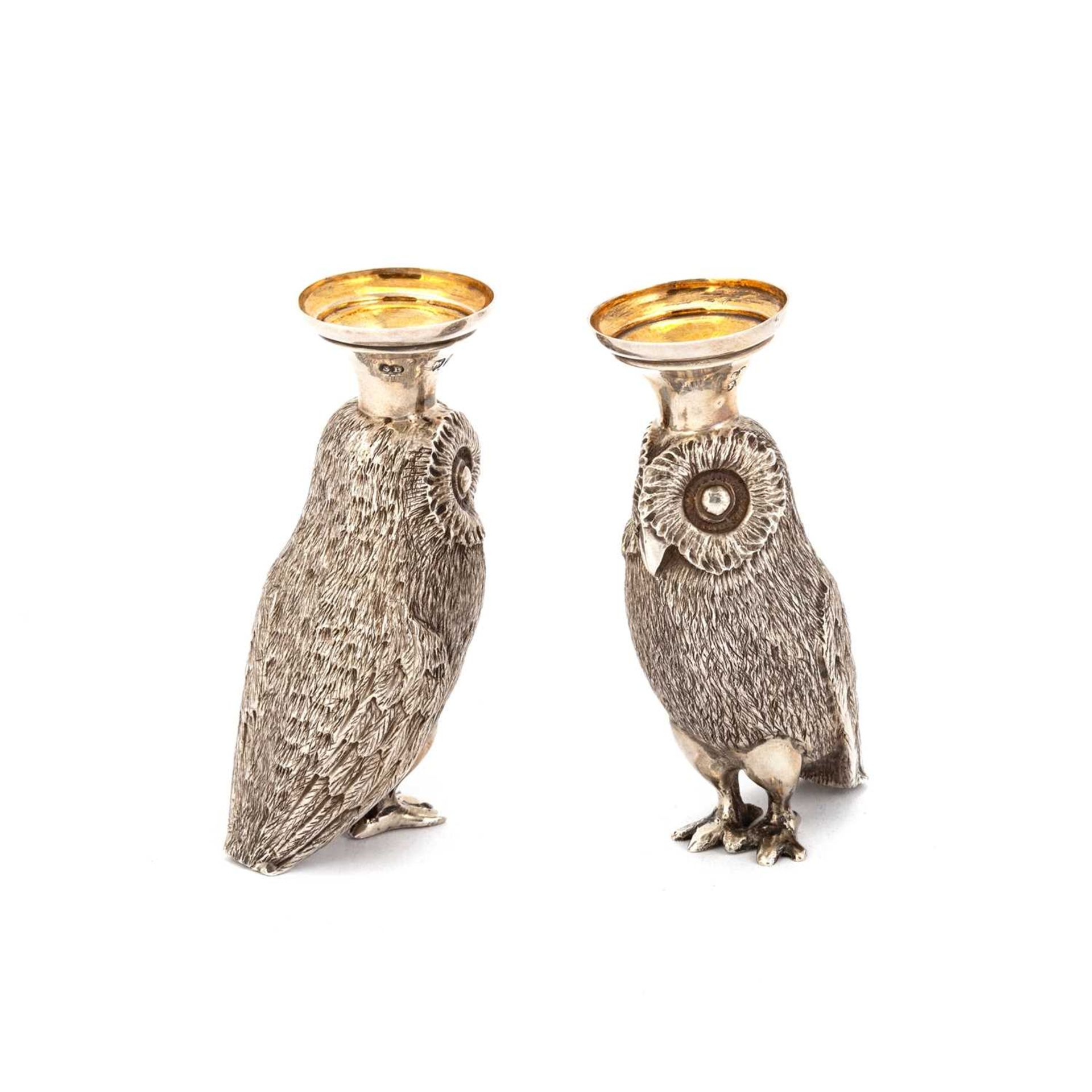 A PAIR OF VICTORIAN SILVER NOVELTY OWL VASES - Image 2 of 2