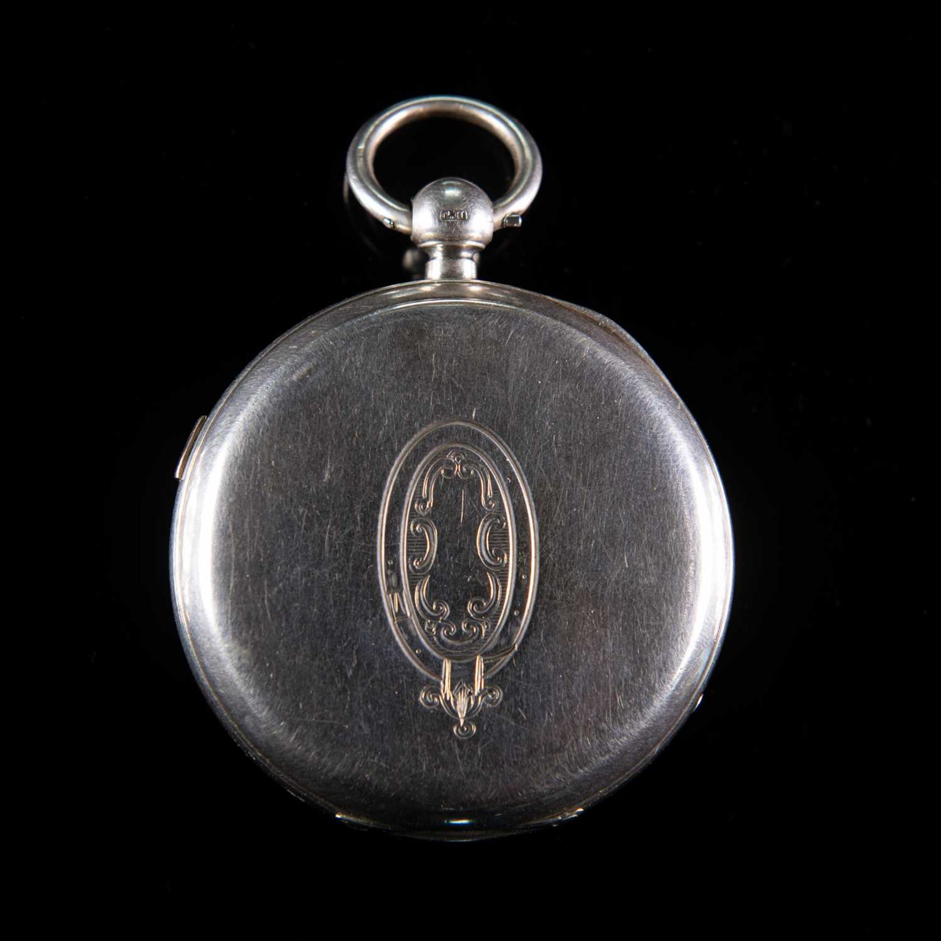 A SILVER OPEN FACED KEY WOUND CHRONOGRAPH POCKET WATCH AND ALBERT CHAIN - Image 2 of 2
