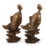 A PAIR OF CHINESE BRONZED-METAL MODELS OF FISH