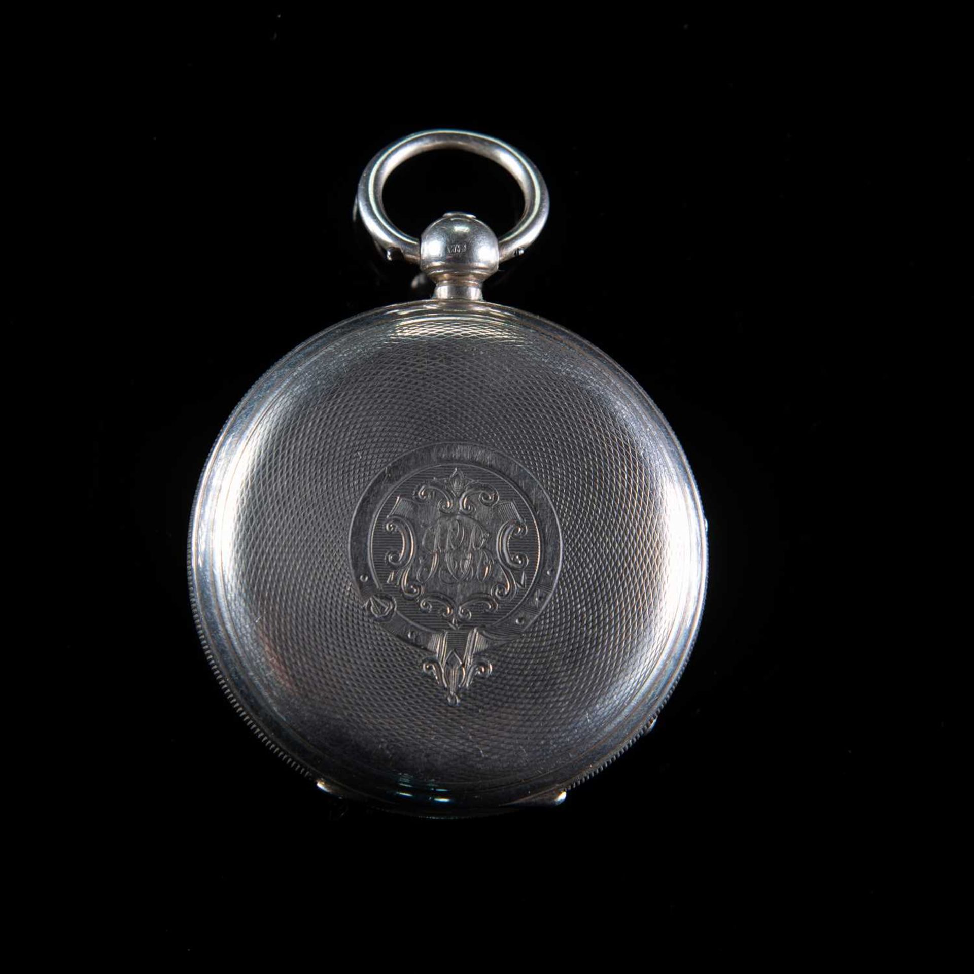 A SILVER OPEN FACED KEY WOUND POCKET WATCH AND ALBERT CHAIN - Image 2 of 2