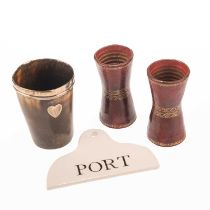 A WEDGWOOD POTTERY LABEL FOR PORT, A SILVER MOUNTED HORN BEAKER