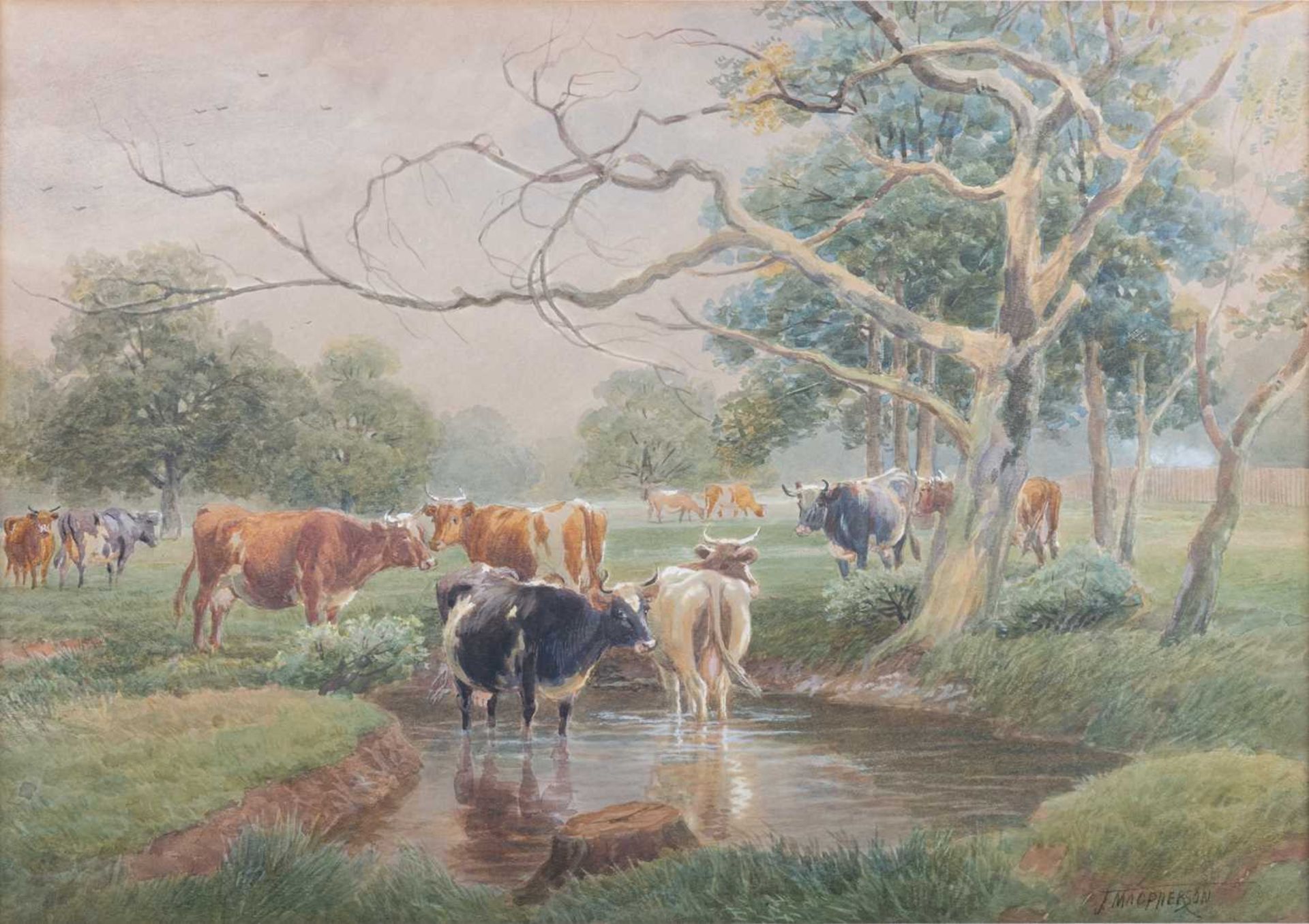 J. MCPHERSON (20TH CENTURY) CATTLE IN A RIVER LANDSCAPE, NEAR LITCHFIELD, SUSSEX