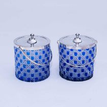 A PAIR OF BLUE FLASH GLASS BISCUIT BARRELS