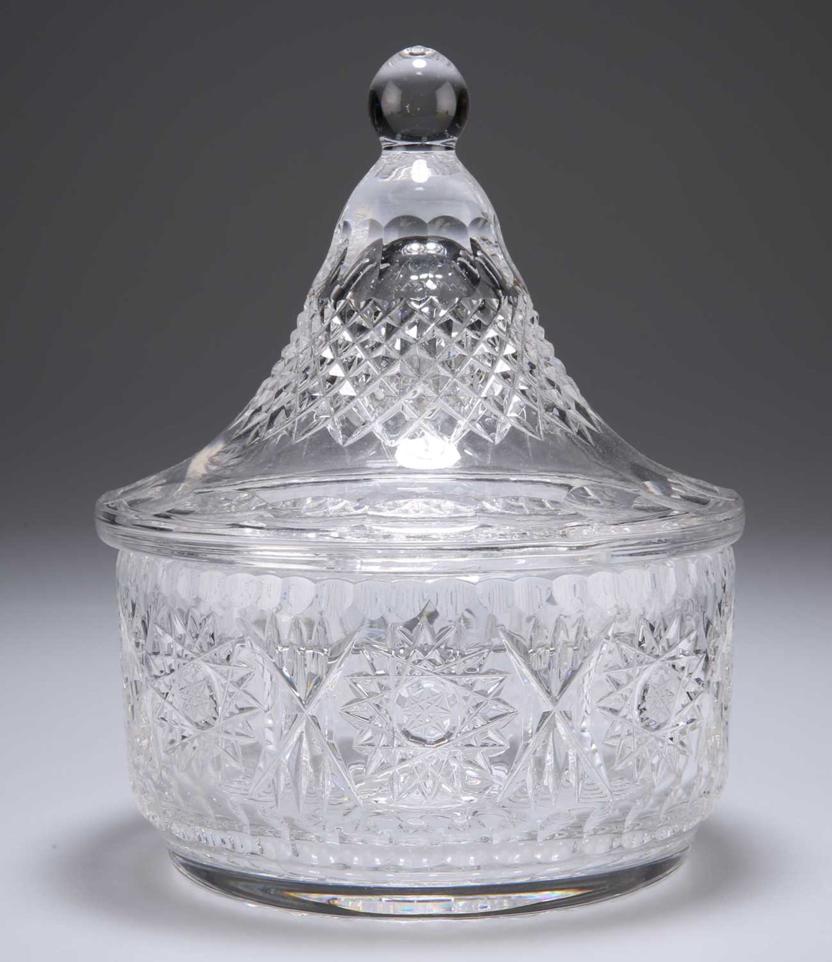 A CUT-GLASS BON BON JAR AND COVER, PROBABLY BACCARAT