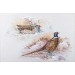 IAN BOWLES (CONTEMPORARY) PHEASANT AND PARTRIDGE IN A WINTER LANDSCAPE