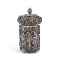 A CHINESE SILVER-GILT, FILIGREE AND ENAMEL TEA CADDY
