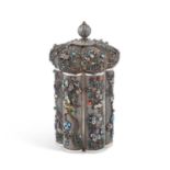 A CHINESE SILVER-GILT, FILIGREE AND ENAMEL TEA CADDY