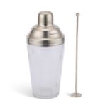 AN ART DECO STYLE SILVER-MOUNTED CUT-GLASS COCKTAIL SHAKER AND MUDDLER