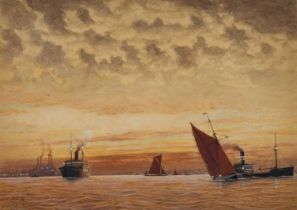 HERBERT C. AHIER (1888-1976) SUNSET, YACHTS AND SHIPPING NEAR AN ESTUARY