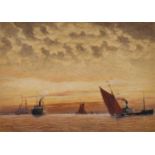 HERBERT C. AHIER (1888-1976) SUNSET, YACHTS AND SHIPPING NEAR AN ESTUARY