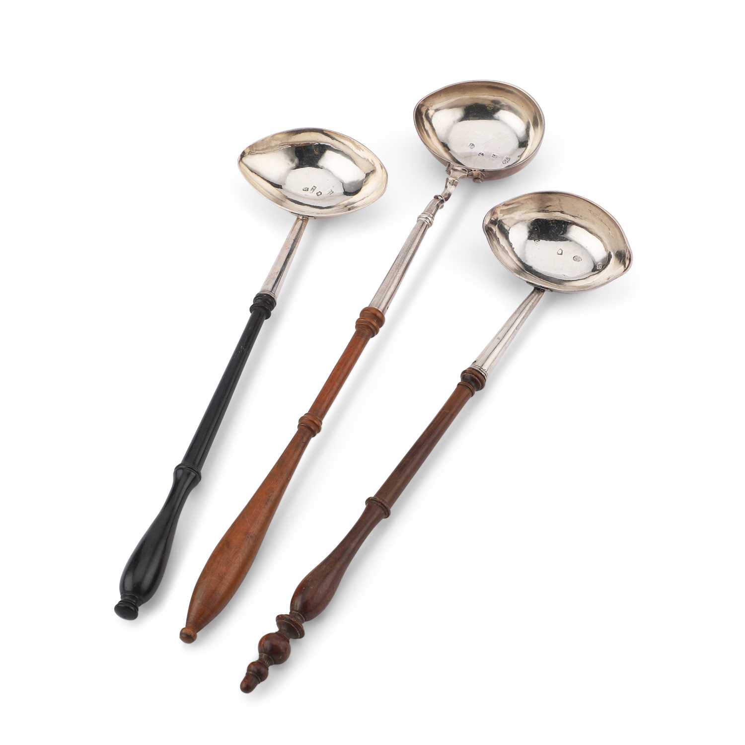 THREE GEORGE II SILVER TODDY LADLES