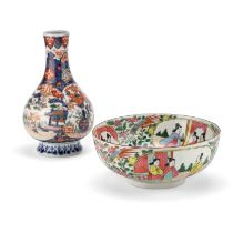 A FAMILLE ROSE BOWL TOGETHER WITH AN IMARI VASE