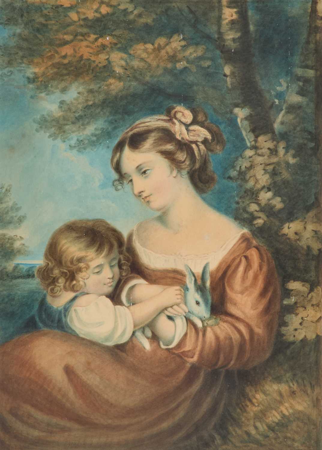 19TH CENTURY ENGLISH SCHOOL MOTHER AND CHILD HOLDING A RABBIT