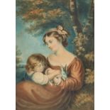 19TH CENTURY ENGLISH SCHOOL MOTHER AND CHILD HOLDING A RABBIT