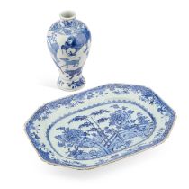 A 19TH CENTURY CHINESE BLUE AND WHITE VASE AND A CHINESE 18TH CENTURY BLUE AND WHITE DISH