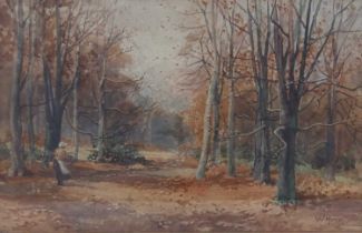 W. HUNT (19TH CENTURY) WOODLAND SCENE WITH WOMAN COLLECTING WOOD