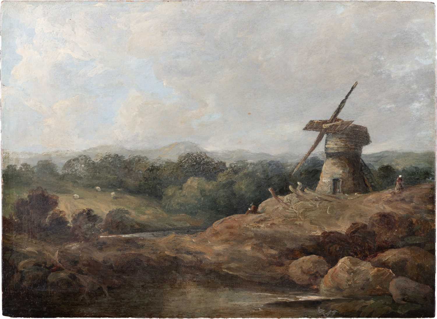 19TH CENTURY NORWICH SCHOOL COUNTRY LANDSCAPE WITH WINDMILL AND FIGURES