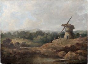 19TH CENTURY NORWICH SCHOOL COUNTRY LANDSCAPE WITH WINDMILL AND FIGURES