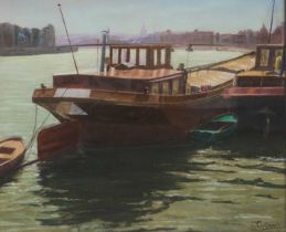 CAILLAUX (20TH CENTURY) BARGE ON A CITY RIVER