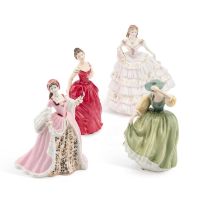 TWO ROYAL DOULTON FIGURES, A WEDGWOOD FIGURE AND A ROYAL WORCESTER FIGURE