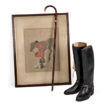 A PAIR OF HARRY HALL SIZE 9 RIDING BOOTS, A GILT-METAL MOUNTED CANE AND A HUNTING PRINT