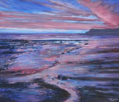 PETER MAYLOR (CONTEMPORARY) RAVENSCAR, ROBIN HOODS BAY, SUNSET