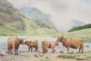 A.M ALDERSON (CONTEMPORARY) HIGHLAND CATTLE BY A LOCH