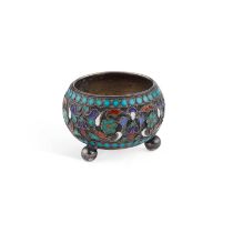 A LATE 19TH CENTURY RUSSIAN SILVER AND CLOISONNÉ ENAMEL SALT