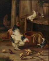 ATTRIBUTED TO EDGAR HUNT(1876-1953) CHICKENS, CHICKS AND PIGEONS IN A BARN