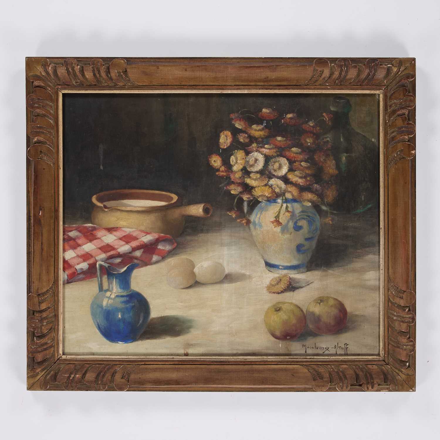 MASSLOUSKY ALTOFF (20TH CENTURY) STILL LIFE WITH FLOWERS, EGGS AND FRUIT - Image 2 of 3
