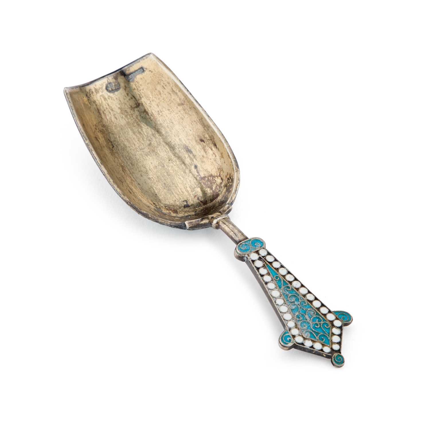 A RUSSIAN SILVER AND CLOISONNÉ ENAMEL SUGAR SPOON