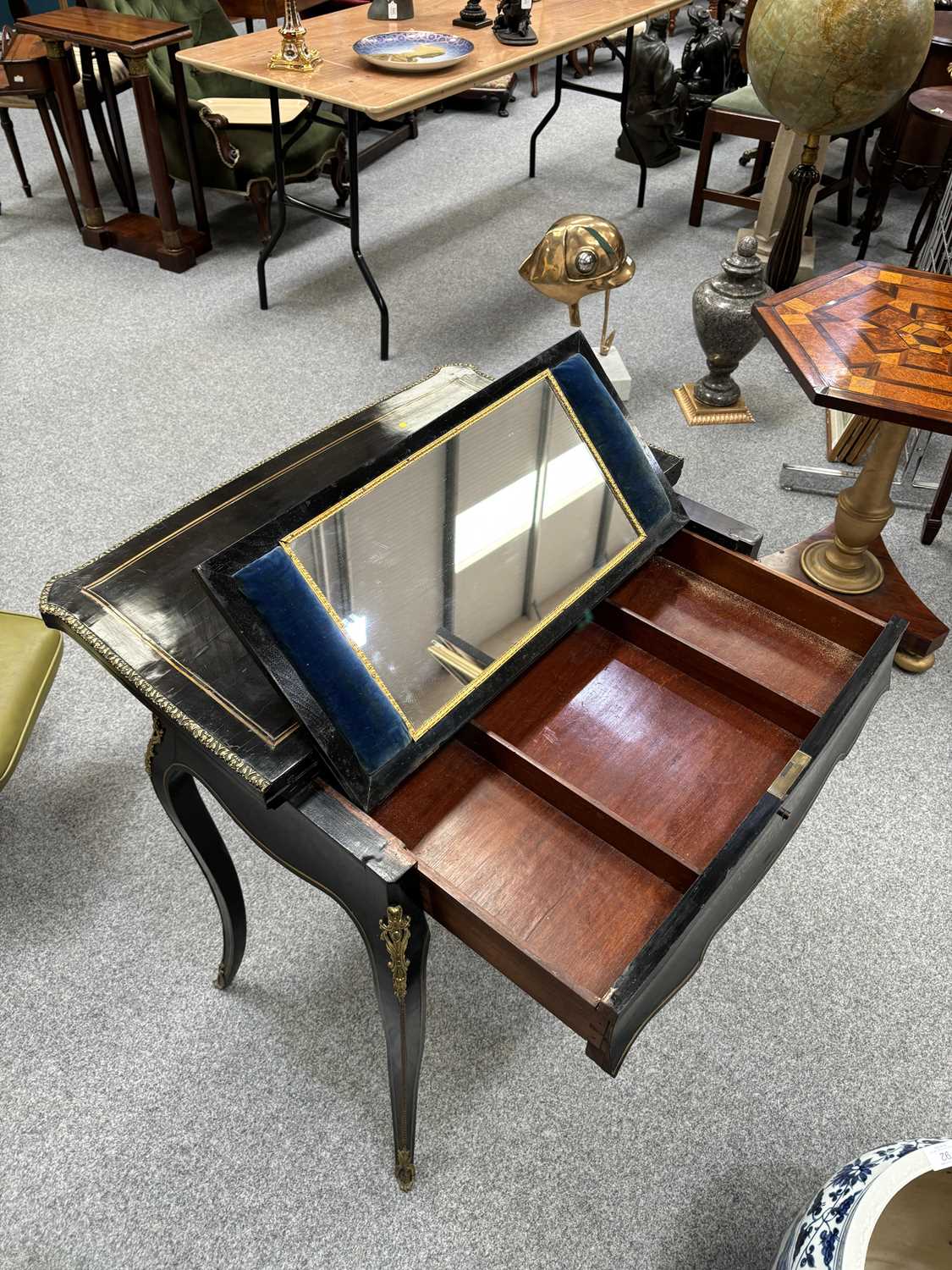 A NAPOLEON III BRASS-INLAID EBONISED LADIES DRESSING TABLE-CUM-GAMES TABLE - Image 7 of 13