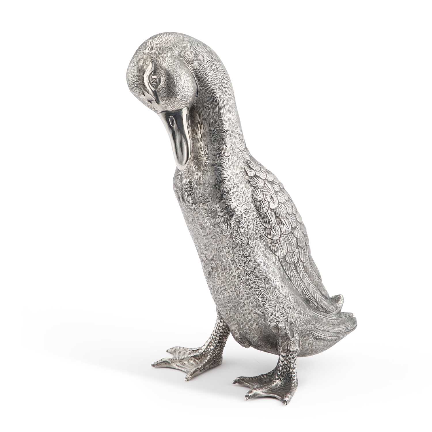 A LARGE ITALIAN SILVER CAST MODEL OF A DUCK