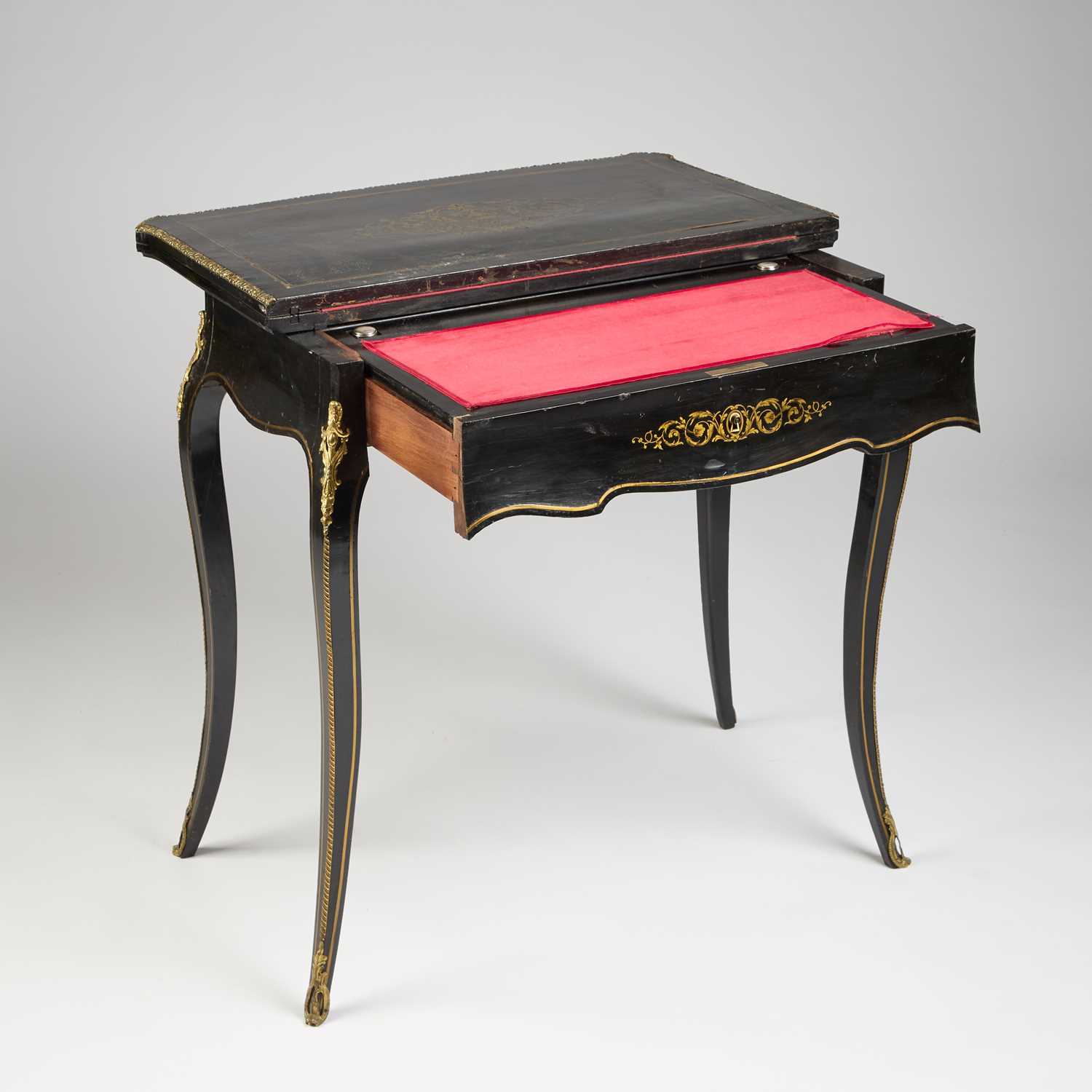 A NAPOLEON III BRASS-INLAID EBONISED LADIES DRESSING TABLE-CUM-GAMES TABLE - Image 2 of 13