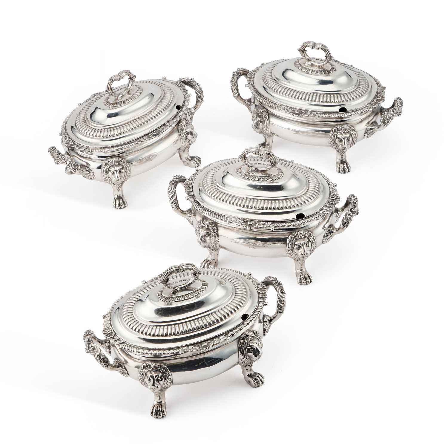 A SET OF FOUR GEORGE III SILVER SAUCE TUREENS