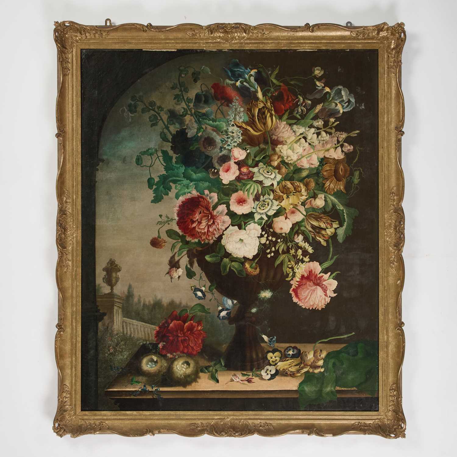 19TH CENTURY FRENCH SCHOOL STILL LIFE OF FLOWERS IN AN URN IN CLASSICAL LANDSCAPE - Image 2 of 3