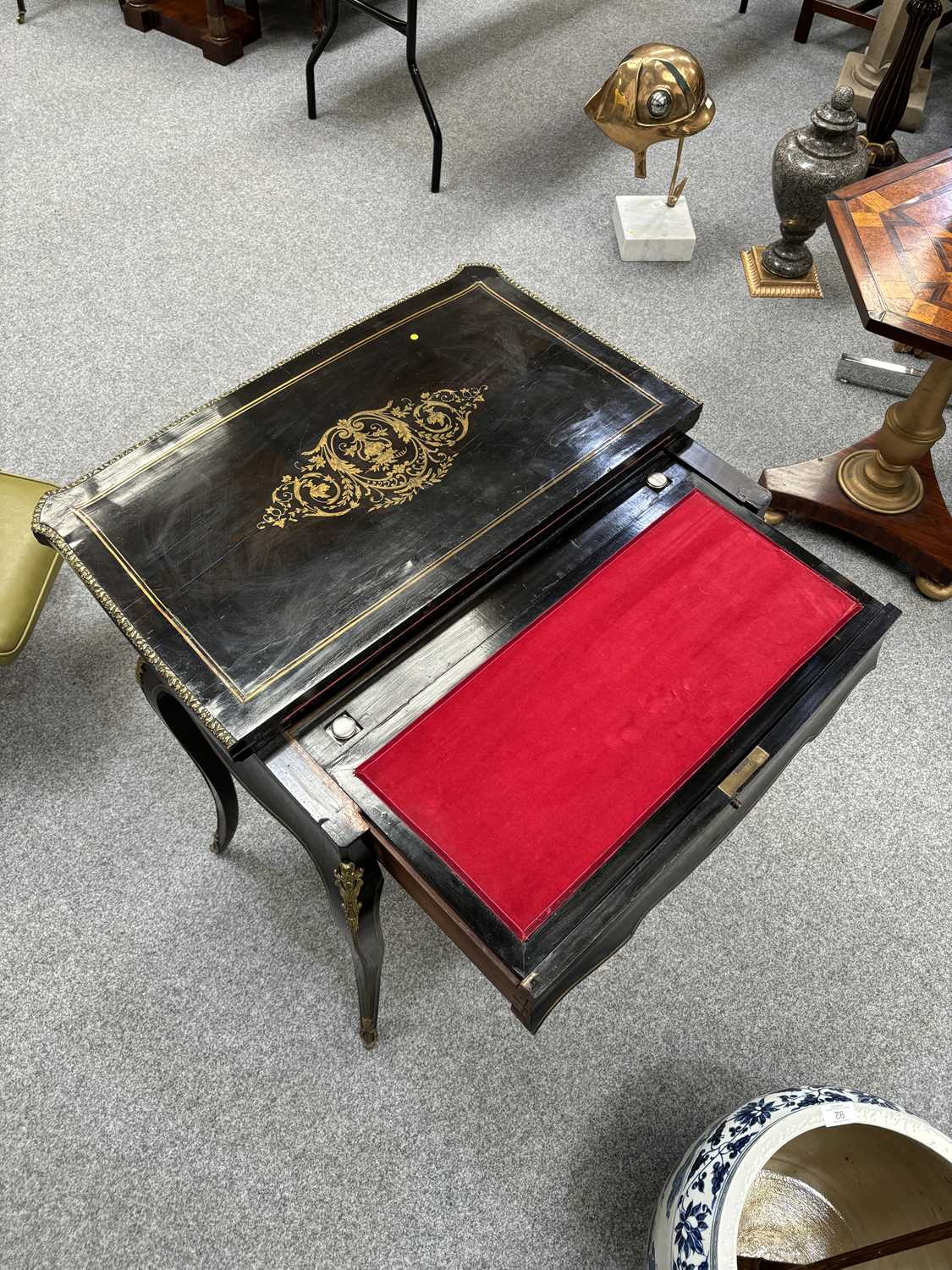 A NAPOLEON III BRASS-INLAID EBONISED LADIES DRESSING TABLE-CUM-GAMES TABLE - Image 8 of 13