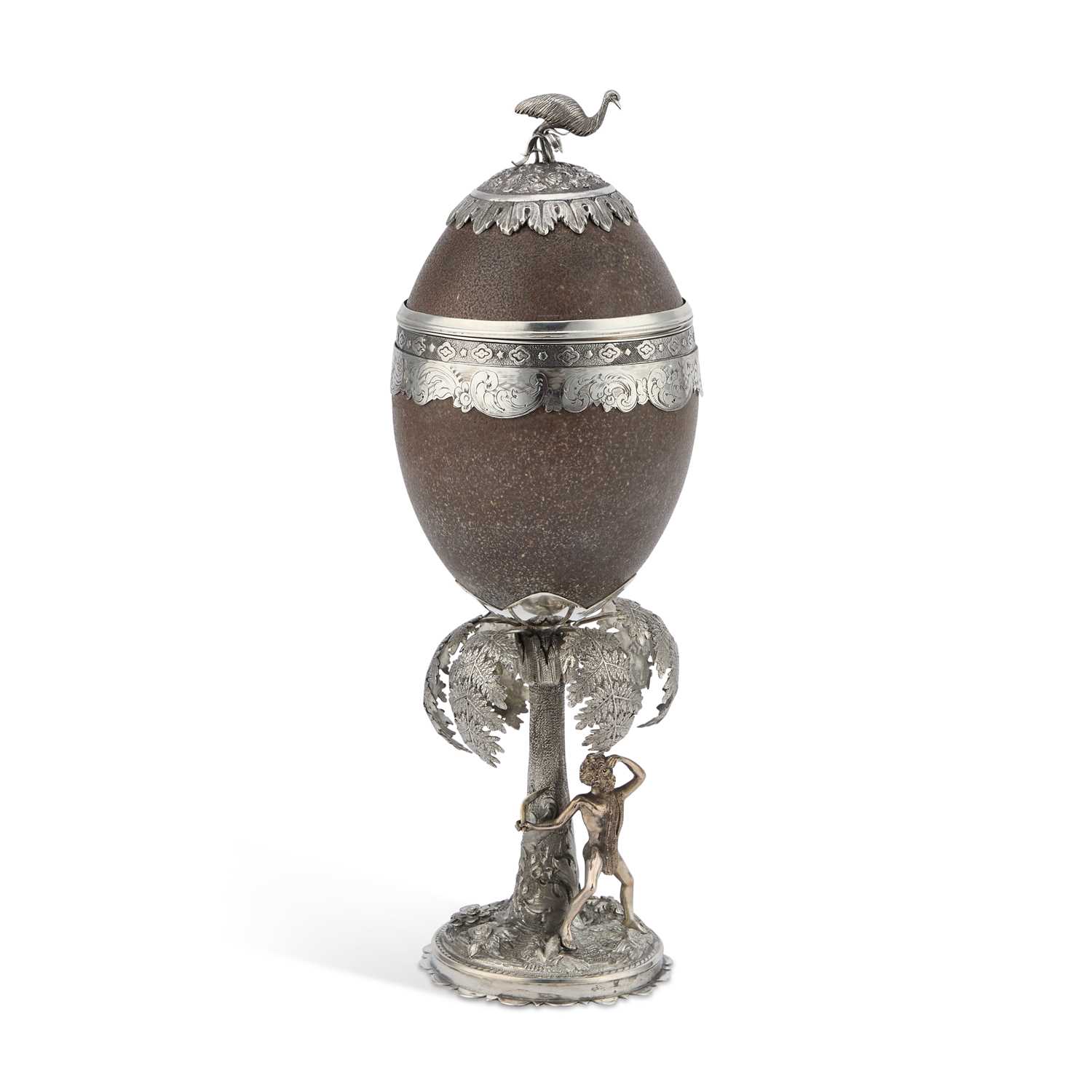 A RARE AUSTRALIAN SILVER-MOUNTED EMU EGG CUP, CIRCA 1870